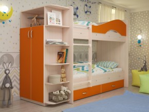 Кровать 2-х ярусная Мая с ящиками и шкафом на латофлексах оранж в Троицке - troick.magazinmebel.ru | фото