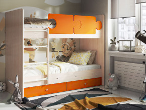 Кровать двухъярусная Тетрис латы с бортиками дуб млечный-оранжевый в Троицке - troick.magazinmebel.ru | фото